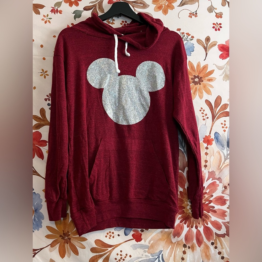 Unknown Brand Womens S Maroon Silver Mickey Silhouette Hooded Fall Winter Tee